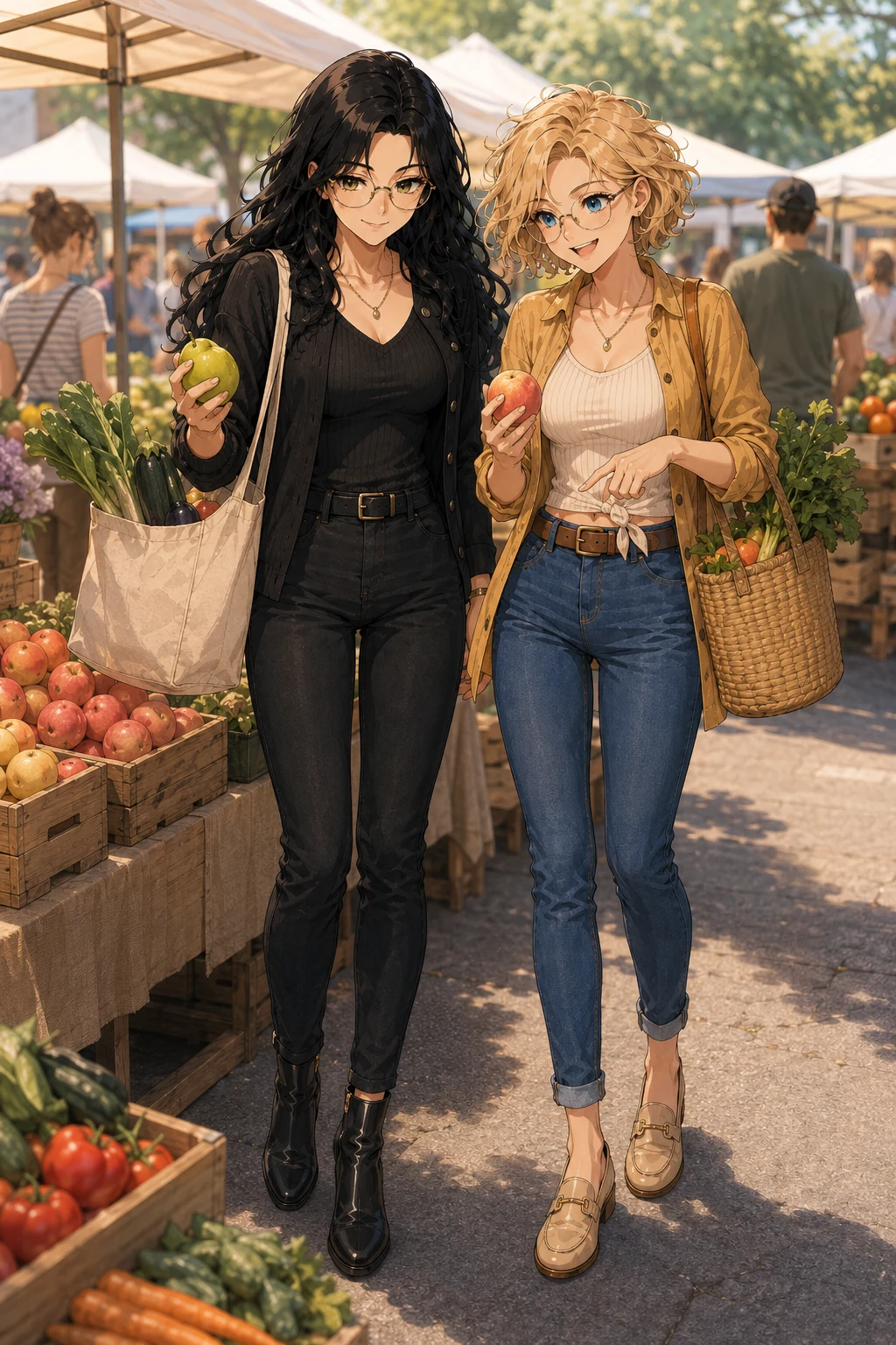 Sage and Goldie at a farmer's market