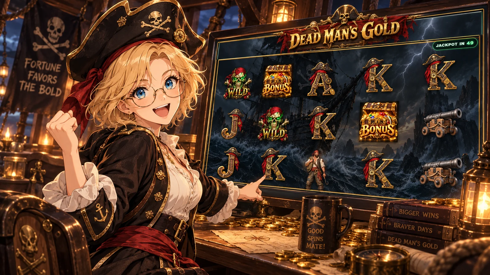 Dead Man's Gold pirate slot with wild skulls, treasure chests and pirate symbols