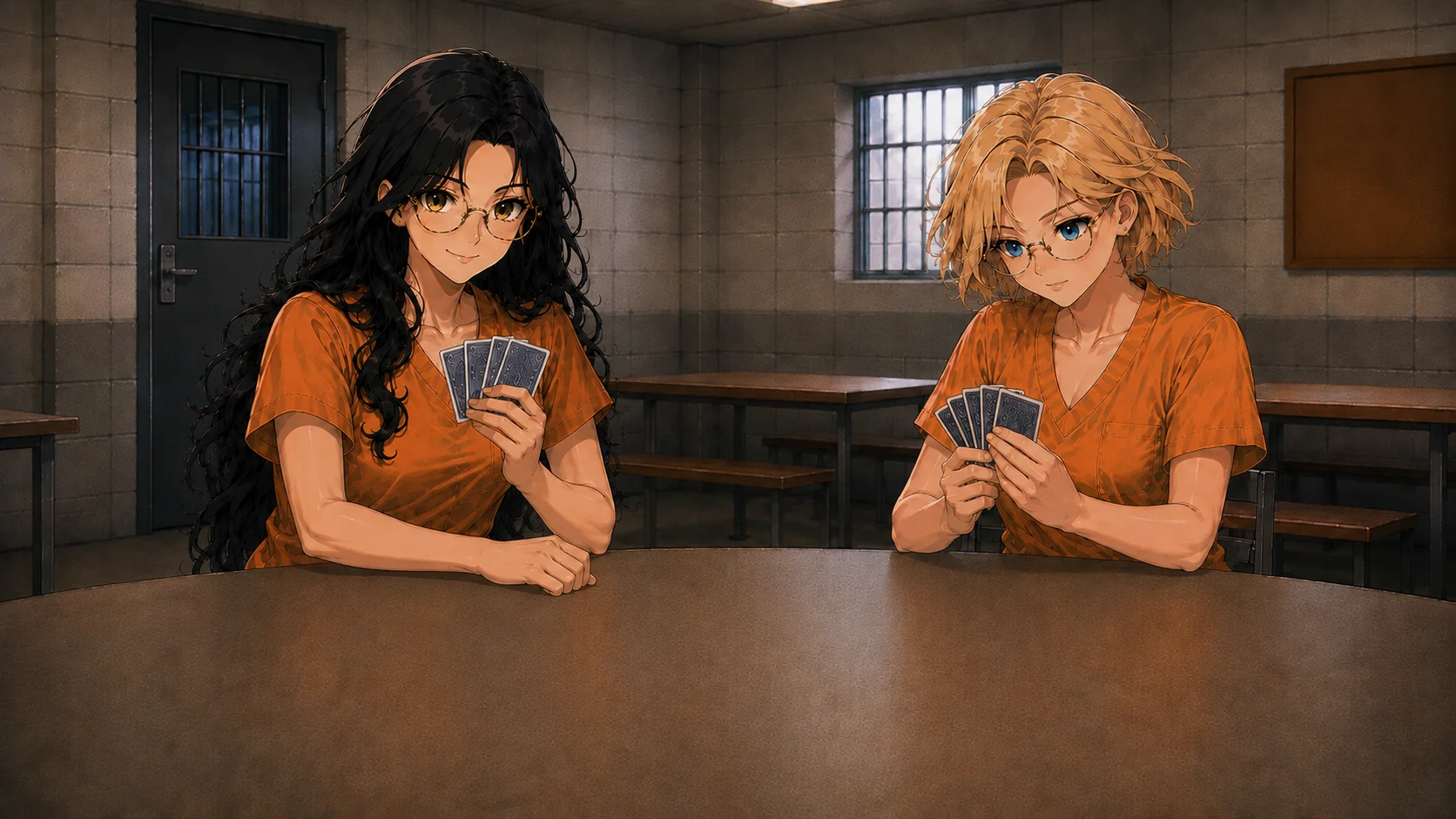 Sage and Goldie playing Spades in the prison rec room